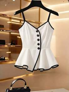 Camisa con botones, volantes y cinturón de unicolor con ribete de contraste negro y blanco para mujer, camiseta de tirantes, blusa, adecuada para uso diario, minimalista elegante, para ir al trabajo, verano - Blanco y Negro - Ver 4