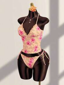 Conjunto de bikini de dos piezas con estampado floral tropical, parte superior tipo bandeau con tirantes atados y detalles de encaje para mujer, ideal para vacaciones de verano y playa - Albaricoque - Ver 4