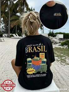 1 Piece [Double-Sided Print] Women's Summer Clothing, Casual Women's T-Shirt, Vintage Style, Printed With The Phrase "Puro Suco Do BRASIL", Short Sleeve, Round Neck, 100% Cotton, Loose Fit, Off-The-Shoulder T-Shirt [LangK] Vintage T-Shirt - 黑色 - 查看 12