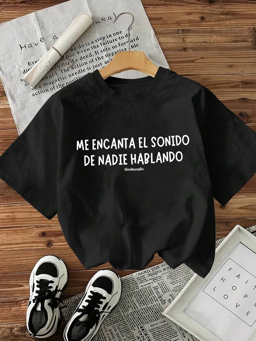 Stylish and Simple English Slogan Print Pattern Summer Women's Casual Fashion Round Neck T-shirt Ropa deportiva estilo Y2K, cuello redondo, 100% algodón, tejido suave, manga corta. - Negro - Ver 1