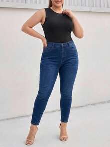 High Waist Tummy Tuck Skinny Plus Size Woman Denim Jean - Dark Wash - View 3