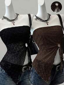 2 piezas Top de mujer con bajo asimétrico y borde de lechuga con cordón lateral, nueva llegada - Multicolor 4 - Ver 1