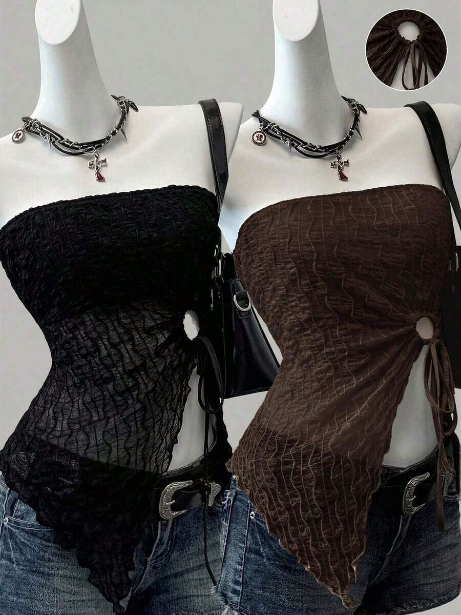 2 piezas Top de mujer con bajo asimétrico y borde de lechuga con cordón lateral, nueva llegada - Multicolor 4 - Ver 1