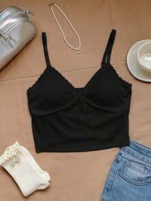 Camisilla sin mangas casual de verano para mujer con parches de encaje en unicolor - Negro - Ver 7