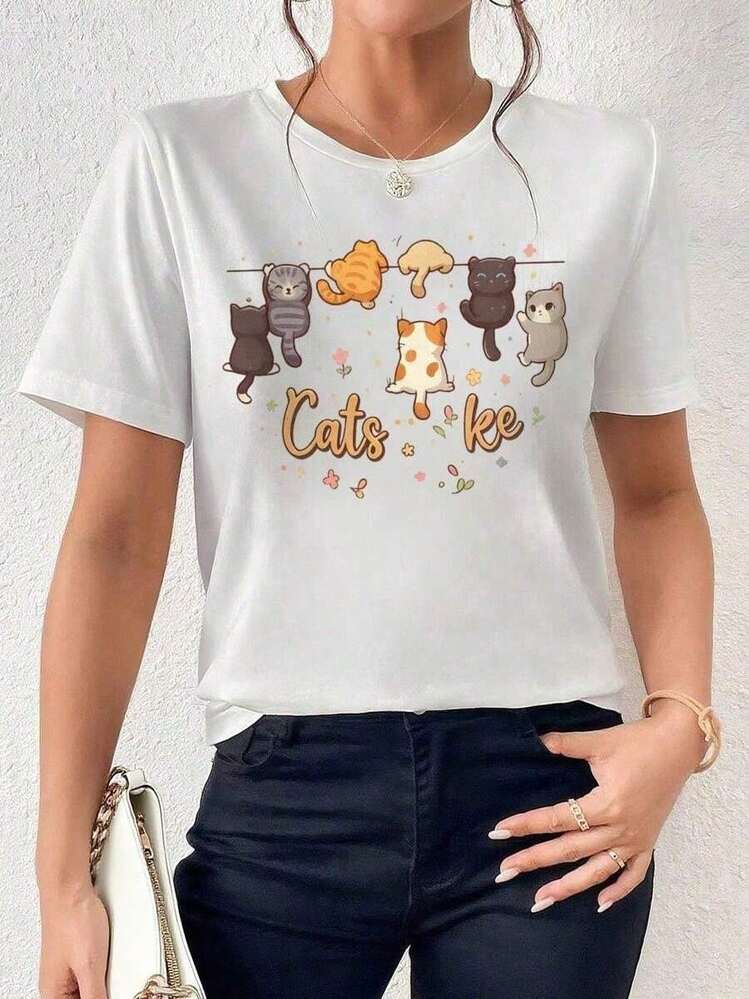 1 Camiseta Camiseta de Algodón 100% Puro Estilo Casual Gráfico con Estampado de Gatos en Línea, Cuello Redondo, Manga Corta, Suave y Cómoda, Moda Urbana para Todas las Estaciones - Blanco - Añade 1