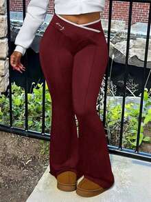 Nuevos Pantalones Acampanados De Talle Alto Con Envoltura En Color Sólido Simple Para Verano 2024 - Burdeos - Ver 10