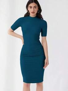 Vestido ajustado unicolor de cuello alto - Agua verde azul - Ver 2