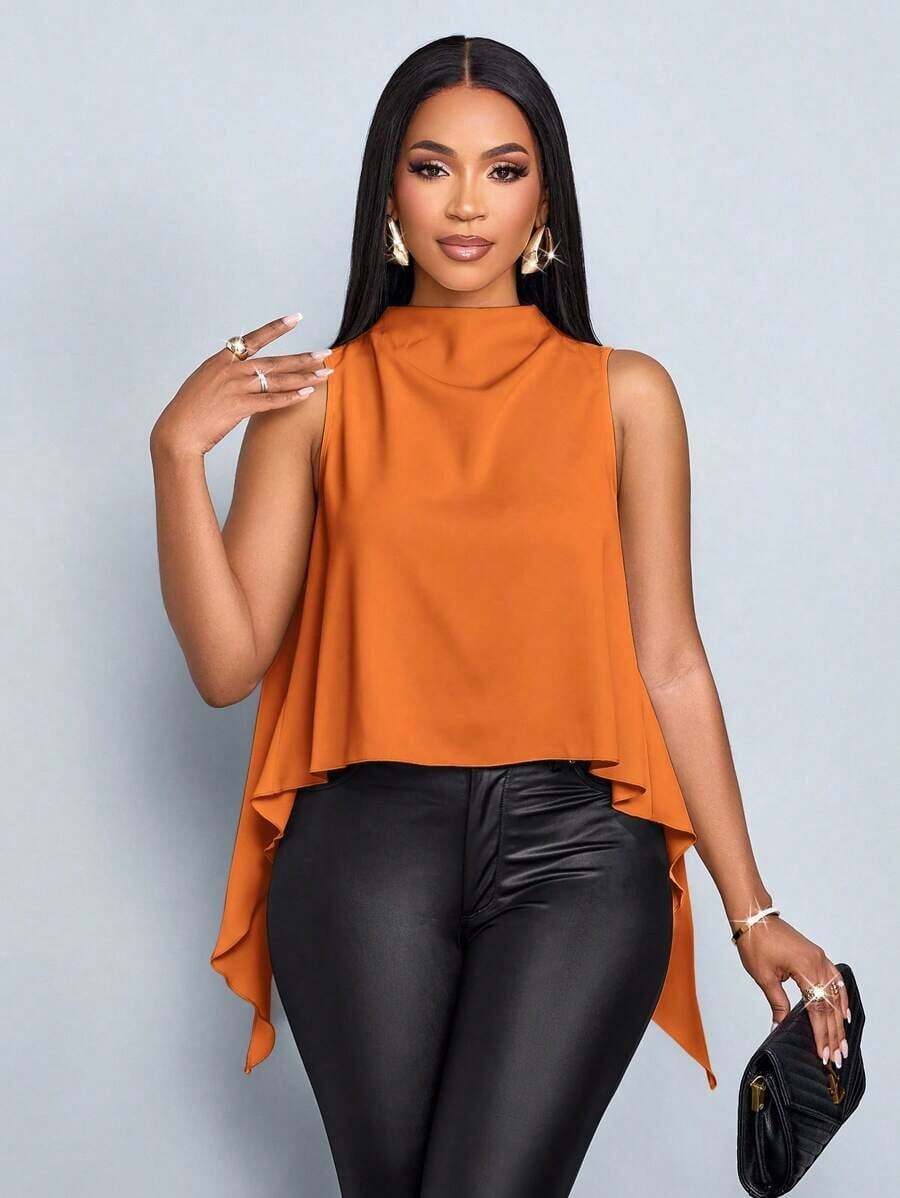 Blusa sin mangas de unicolor elegante con dobladillo asimétrico para mujer, ideal para vacaciones de primavera y verano - Óxido marrón - Ver 1