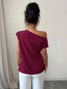 Blusa de unicolor con cuello asimétrico y plisado a la moda para mujeres - Burdeos - Ver 2