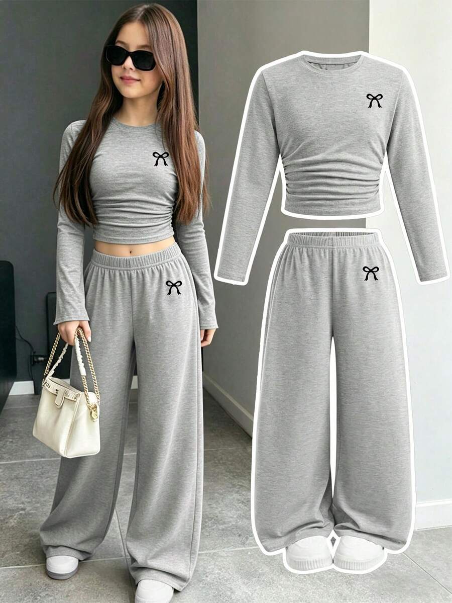 Youth Girl Bow Pattern Print Long Sleeve Top And Casual Long Pants - Grey - View 1