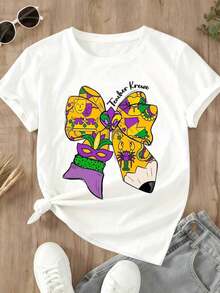 1 Piece Women's Mardi Gras Teacher Krewe Bow T-Shirt, White With Purple, Green And Gold Graphic Design For Carnival Festival Celebration, 180g, 100% Cotton. - 白色 - 查看 4