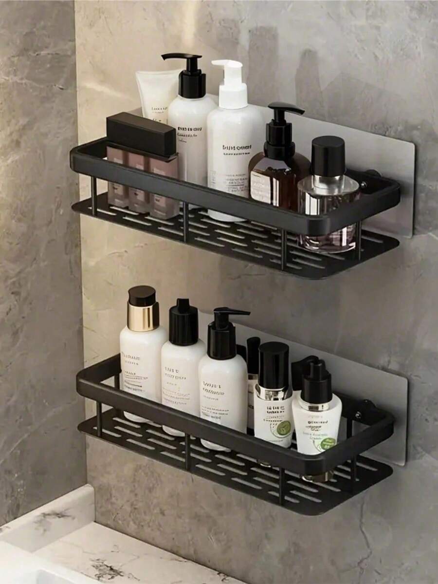 2Pcs No Drill Shower Caddy Shelf Heavy Duty Rust Resistant Plastic Wall Rack With Drain Hole Self Adhesive Space Saver For Shampoo Cosmetic Toothbrush Kitchen Bathroom Household Organizer