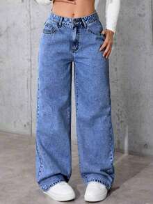 Jeans informales de pierna ancha con bolsillos para adolescentes - Azul lavado oscuro - Ver 1