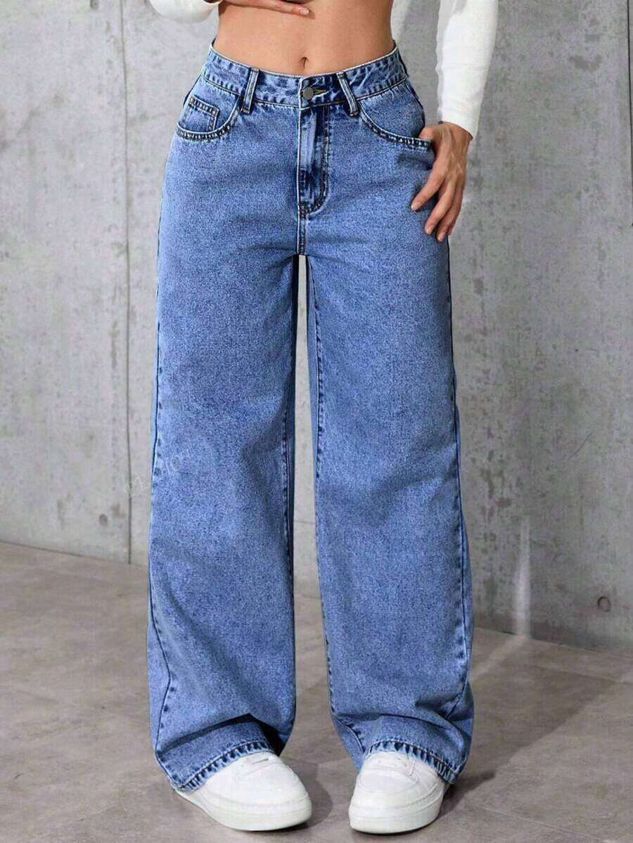 Jeans informales de pierna ancha con bolsillos para adolescentes - Azul lavado oscuro - Ver 1