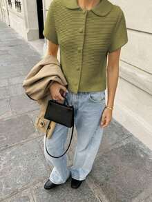 Cárdigan de punto de manga corta de unicolor casual para mujer, cárdigan con cuello alto y botones para primavera - Blanco - Ver 9