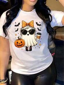 Women's Casual Short Sleeve Halloween T-Shirt, 1 Piece, 100% Heavy Cotton - Comfortable Round Neck, Soft And Adorable Loose And Comfortable T-Shirts - 白色的 - 查看 3