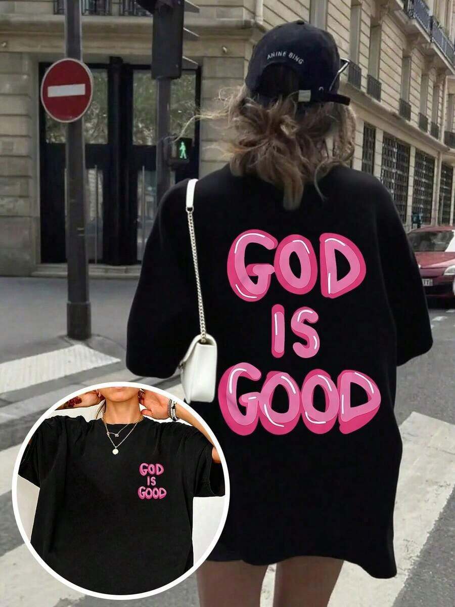 Mexican Basic Casual Short Sleeve Crew Neck T-Shirt With "God Is Good" Graphic Print, Comfortable Plus Size Crew Neck T-Shirt For Women, Spring And Summer, Black, New Launch - 黑色 - 查看 1