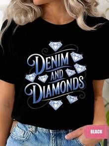 Women's Short-Sleeved T-Shirt With Round Neck, Denim And Diamond Print, Casual Everyday Wear, Perfect For Birthday Parties, Comfortable Fabric, Suitable For Gifting, 220g - 黑色 - 查看 1