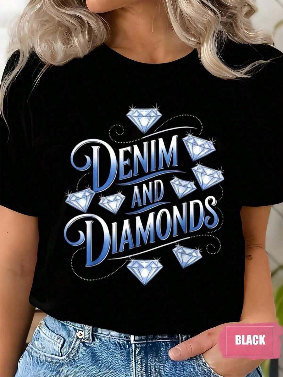 Women's Short-Sleeved T-Shirt With Round Neck, Denim And Diamond Print, Casual Everyday Wear, Perfect For Birthday Parties, Comfortable Fabric, Suitable For Gifting, 220g - 黑色 - 查看 1