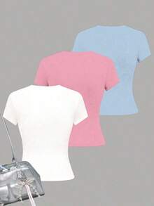 3 camisetas de manga larga con cuello redondo, ajustadas y de estilo casual con estampado floral, en colores azul claro, rosa claro y blanco, adecuadas para el verano - Multicolor 2 - Ver 3