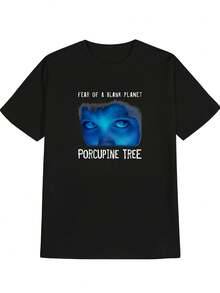 Camiseta de Hombre con Logo de Porcupine Tree - 100% Algodón, Corte Regular, Manga Corta, con Estampado del Icónico Portada del Álbum, Merch Musical para Fans, Uso Casual y para Todas las Temporadas (Diseño con Letras de la Canción Fear of a Blank Planet) - Negro - Ver 1