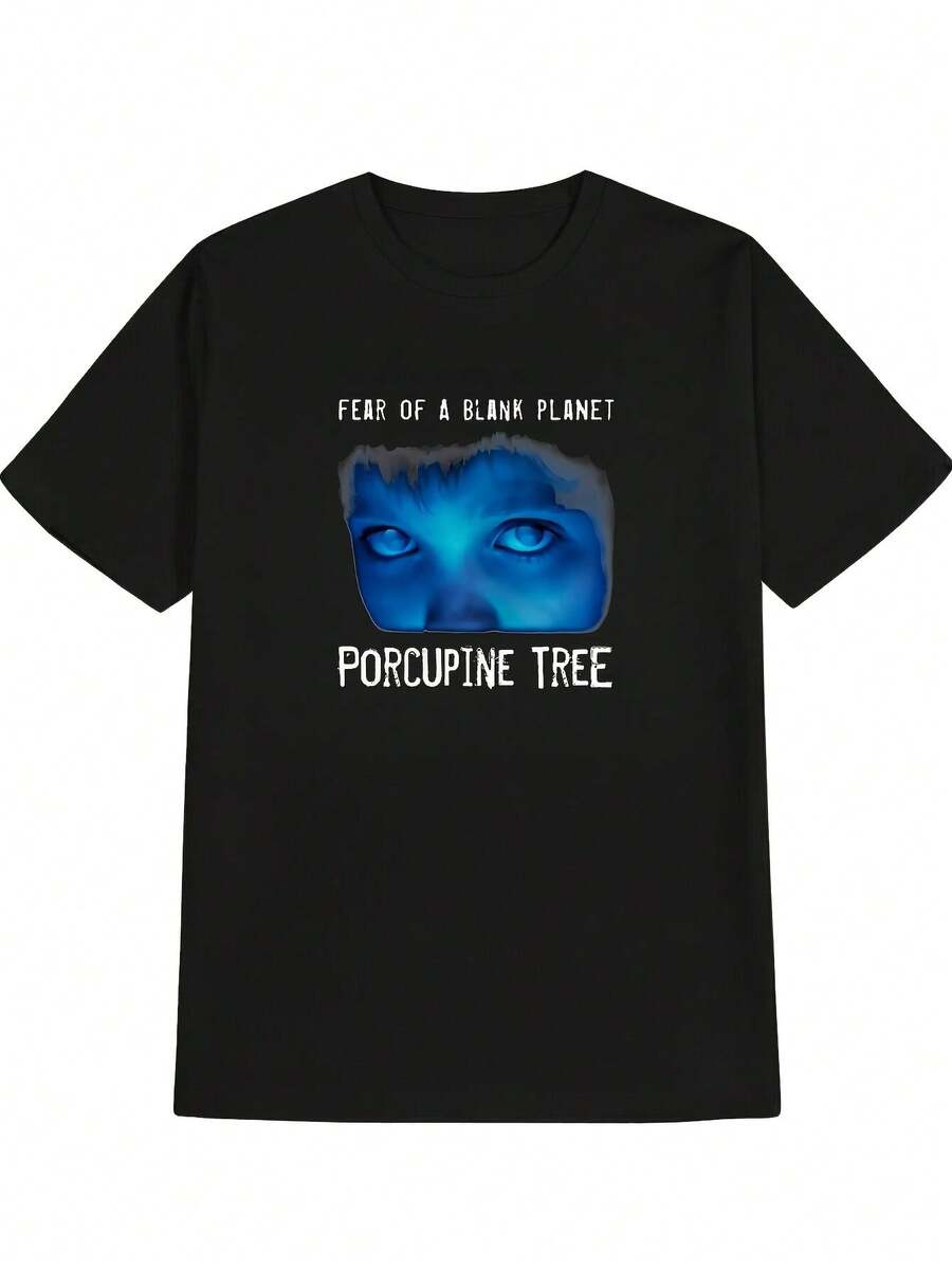 Camiseta de Hombre con Logo de Porcupine Tree - 100% Algodón, Corte Regular, Manga Corta, con Estampado del Icónico Portada del Álbum, Merch Musical para Fans, Uso Casual y para Todas las Temporadas (Diseño con Letras de la Canción Fear of a Blank Planet) - Negro - Ver 1