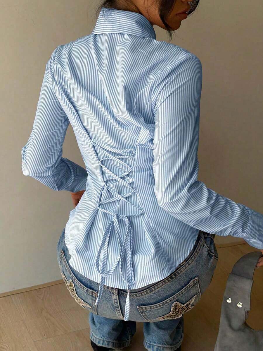 Camisa de manga larga de ajuste ceñido con cintura anudada a rayas rosa, blusa a rayas amarilla para mujer, nueva colección de otoño - Azul - Ver 1