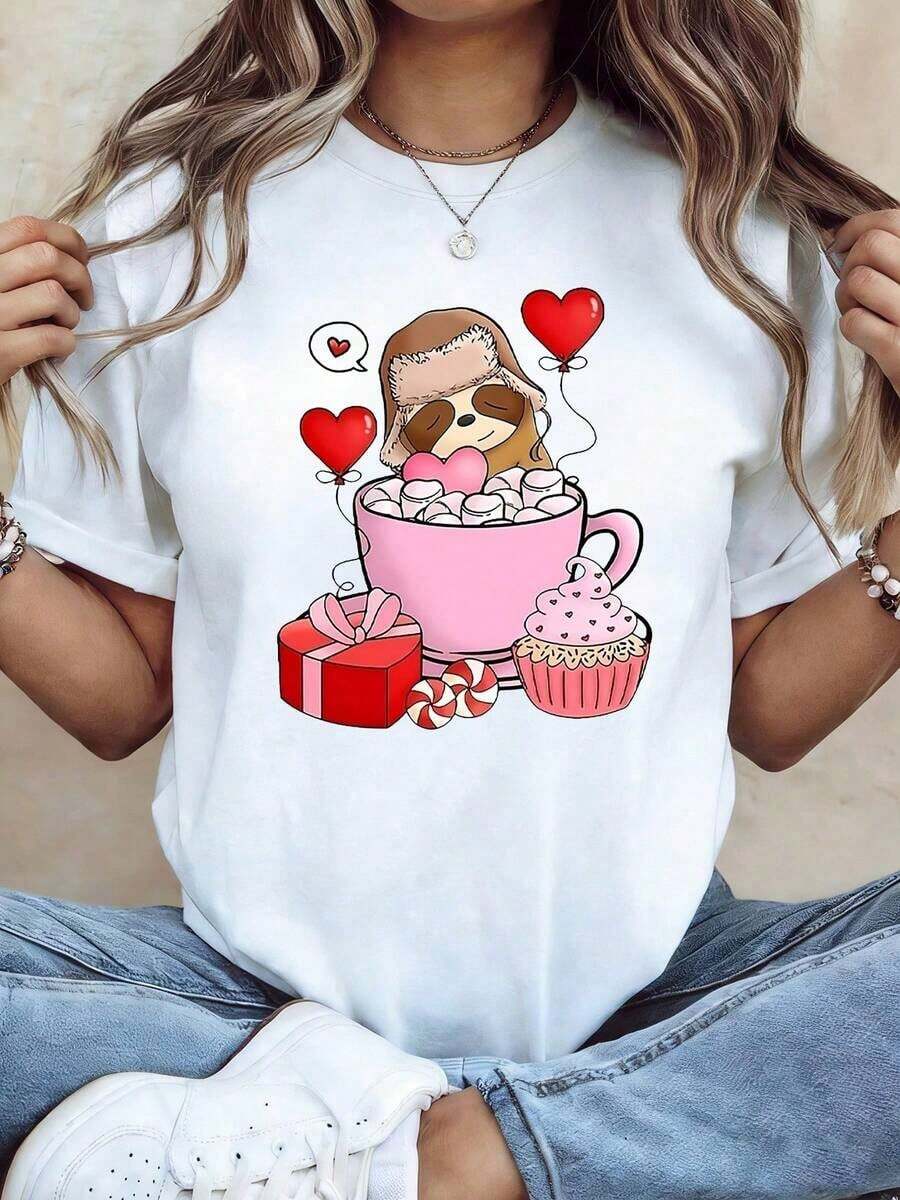 ComfortableCamiseta de mujer de talla grande con estampado de corazones y diseño de perezoso, una prenda relajada y cómoda, adecuada para el Día de San Valentín, uso en casa, ropa casual dia - Blanco - Ver 1