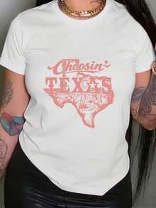 Women's Texas-Themed T-Shirt - Short Sleeve, Crew Neck, Casual Style With Texas State Print, Not Compatible With Blouses For A More Stylish Look | Machine Washable Spring And Summer Clothing | Texan Pride Clothing For Everyday Wear And Gifts, Women's Printed Crew Neck T-Shirt, Fashionable Summer Cotton T-Shirt - 白色 - 查看 7