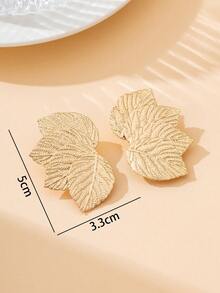1 Pair Summer Bohemian Style Gold Textured Half Leaf Shaped Earrings, Women's Summer Beach Vacation Jewelry - Yellow Gold - View 6