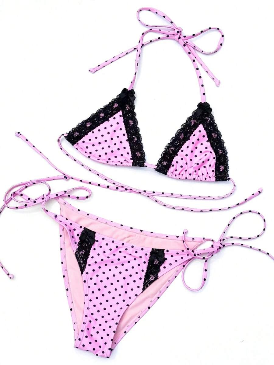 Y2k Polk Dot Print Lace Edge Cutie Harajuku Punk 2000s Subculture Gothic Vintage Sexy Spicy Girl Aesthetics Swimsuit Bikini Set - 薰衣草 - 查看 1