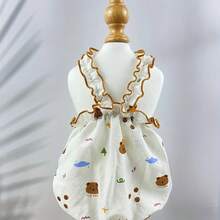 1pc Soft Pet Suspender Dress, Cute Cartoon Pattern, Lightweight Clothing For Spring/Summer - Brown - View 4