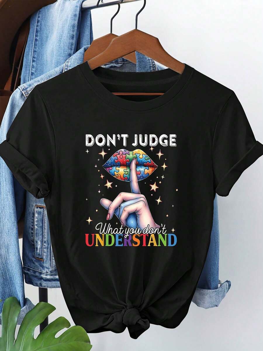 Diseño Sencillo y Versátil: La Calidez y la Empatía de las Reuniones Sociales. NO JUJES lo que NO ENTENDES. Camiseta de mujer de moda casual con cuello redondo para primavera/verano, con estampado de labios rombos y el gesto de "shhh". Animada, para salir, actividades al aire libre, ir al trabajo, ropa versátil y elegante. Camiseta de algodón. - Negro - Ver 1