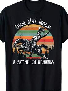 Vintage Style Printed T-Shirt - "THOU MAY INGEST" Retro 70s Midnight Sun Knight Pattern, Plus Size Distressed Look T-Shirt, Ideal For Western Style Enthusiasts And Nostalgia Lovers, Unique Gift For Family And Friends - 黑色 - 查看 1