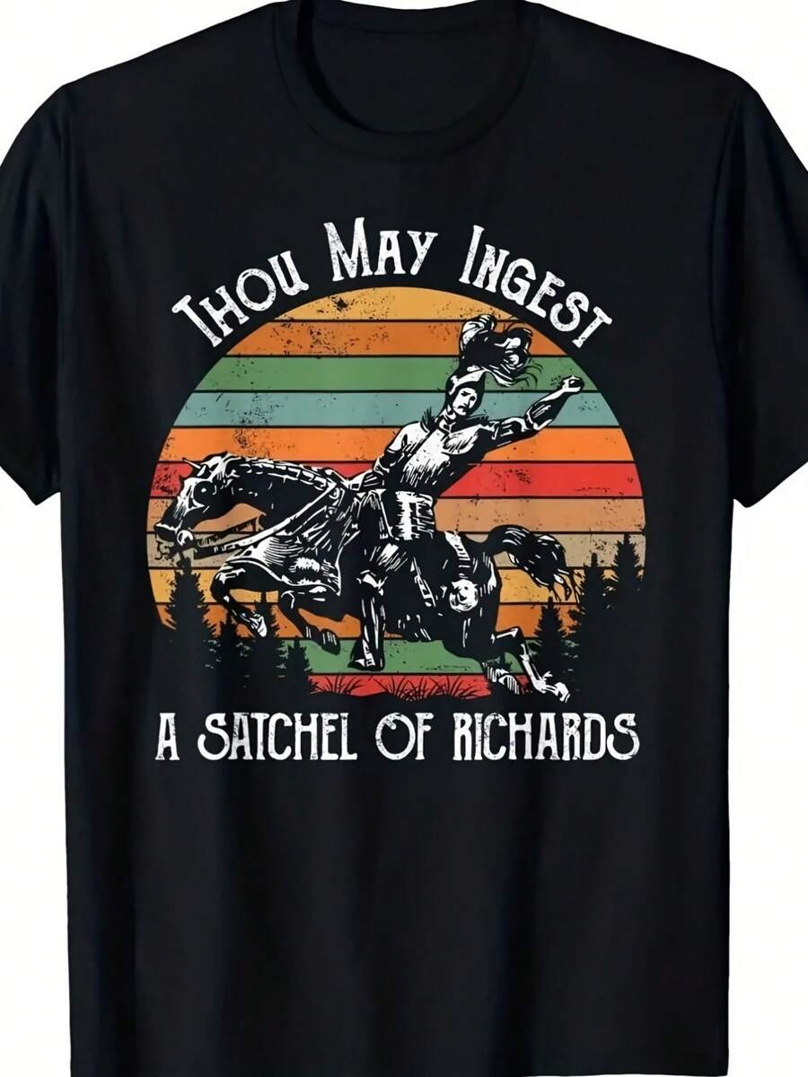 Vintage Style Printed T-Shirt - "THOU MAY INGEST" Retro 70s Midnight Sun Knight Pattern, Plus Size Distressed Look T-Shirt, Ideal For Western Style Enthusiasts And Nostalgia Lovers, Unique Gift For Family And Friends - 黑色 - 查看 1