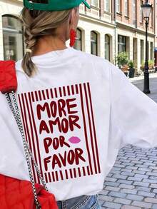 Women's Short-Sleeved, Loose-Fitting, Round-Neck T-Shirt With "MORE LOVE PLEASE" Striped Print, Suitable For Parties, Holidays, Office, Daily Wear, Dates, Meetings, Streetwear, A Must-Have Casual White T-Shirt For Summer, 100% Cotton. - 白色 - 查看 5