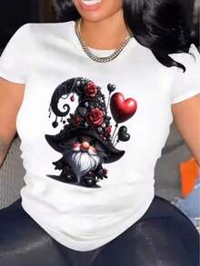 Women's T-Shirt, Simple Casual Top, Printed With A Gnome Design With Roses And Heart-Shaped Balloons, Suitable For Everyday Casual Activities And Holidays - 1-1 - 查看 1
