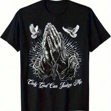 T-Shirt With The Print 'Only God Can Judge Me', Featuring A Prayer Gesture And A Dove, In A Stylish, Elasticated Crew Neck, Unisex Short Sleeves, Comfortable And Snug Fit For Year-Round Wear, With A Prayer Gesture Design. | Suitable For Campus Wear, Parties, And Everyday Use, It's A Good Choice For Family And Friends, Women's Blouses, Casual Blouses For Ladies, Casual Blouses For Ladies, Women's Tops, Tops, Unisex. - 黑色 - 查看 1