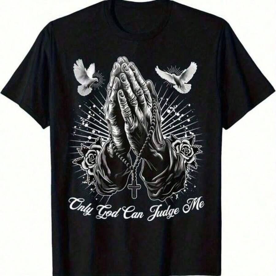 T-Shirt With The Print 'Only God Can Judge Me', Featuring A Prayer Gesture And A Dove, In A Stylish, Elasticated Crew Neck, Unisex Short Sleeves, Comfortable And Snug Fit For Year-Round Wear, With A Prayer Gesture Design. | Suitable For Campus Wear, Parties, And Everyday Use, It's A Good Choice For Family And Friends, Women's Blouses, Casual Blouses For Ladies, Casual Blouses For Ladies, Women's Tops, Tops, Unisex. - 黑色 - 查看 1