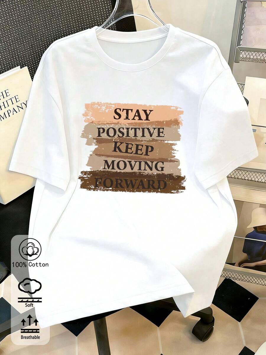 女款休閒白色純棉T恤,圓領短袖落肩上衣,印有「Stay Positive」標語,標準長度中等彈性T恤 - 白色18 - 查看 1