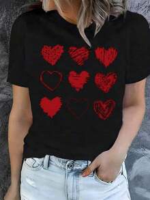 Premium Women's White T-Shirt With Hand-Drawn Red Heart Graphic Of 9 Hearts, Romantic Aesthetic T-Shirt For Valentine's Day, Cute Minimalist Fashion Blouse,  Popular Heart Casual Top - 黑色 - 查看 7