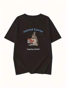 Short-Sleeved T-Shirt With A Rabbit Print And Blue Lettering, Y2K Style. New Summer Fashion For Women, Versatile, Loose-Fitting, Round Neck, Y2K Top. Suitable For All Occasions. PTTI - 黑色 - 查看 3