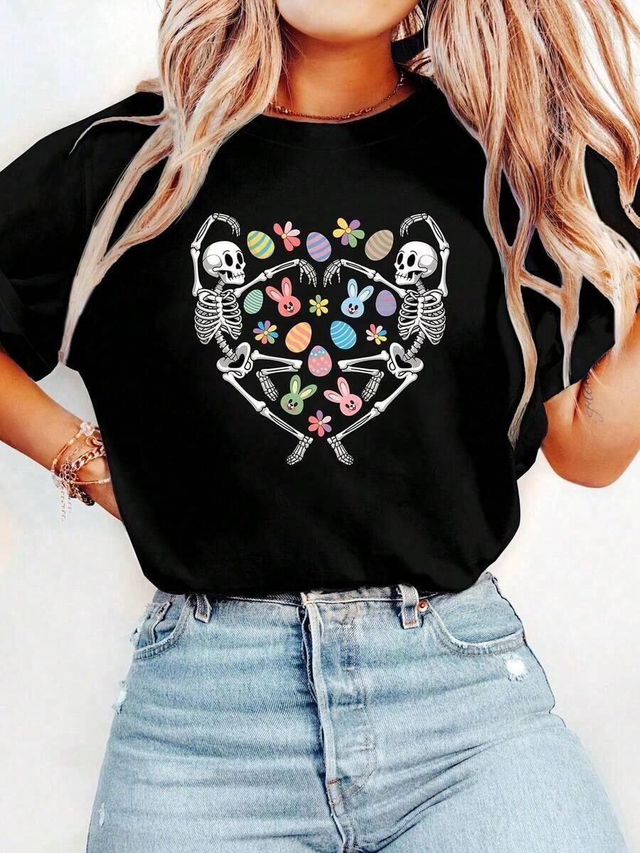 Women's Cotton Short Sleeve T-Shirt With Round Neck And Easter Bunny Print, % Cotton Women's Blouses Shirt - 黑色 - 查看 1