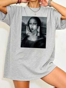 Camiseta de hombros caídos con estampado de la Mona Lisa, camiseta gráfica para mujer - Gris - Ver 1