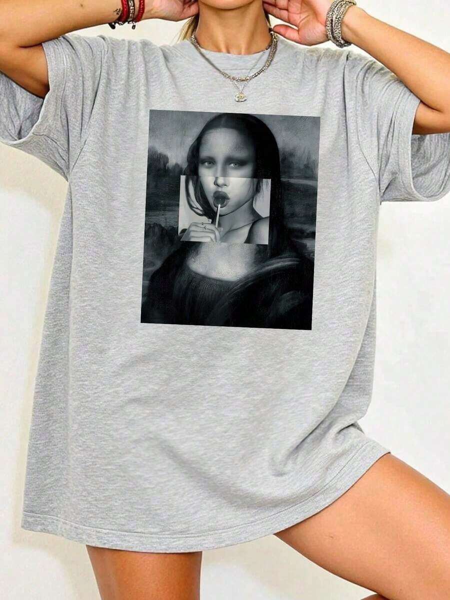Camiseta de hombros caídos con estampado de la Mona Lisa, camiseta gráfica para mujer - Gris - Ver 1