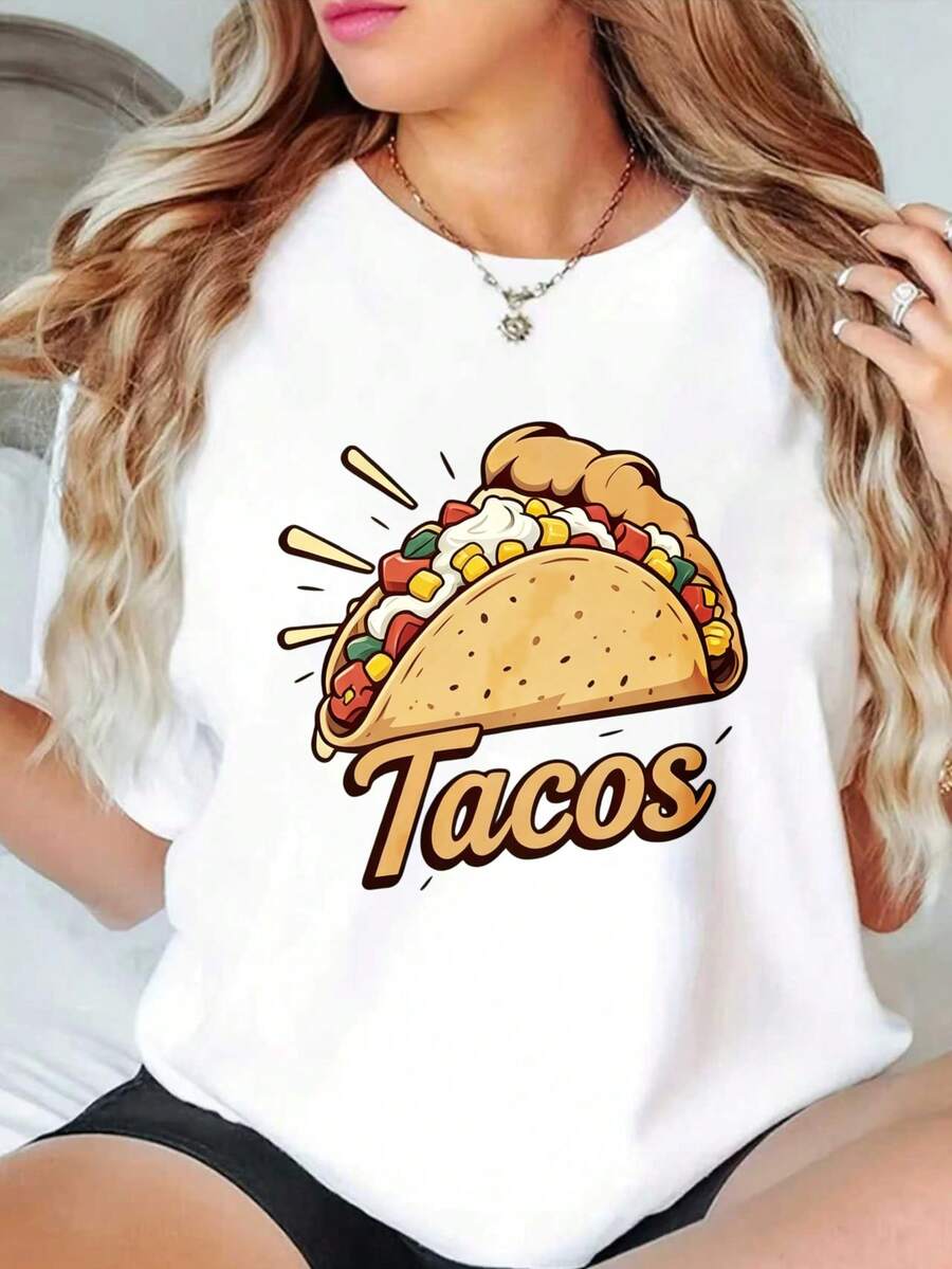 Women's T-Shirt With A Delicious Cartoon Taco Print, White, Round Neck And Short Sleeve, Suitable For All Seasons, Machine Washable, Ideal For Combining With Other Garments, Daily Wear, Casual Meetings, Women's Tops. - 白色 - 查看 1