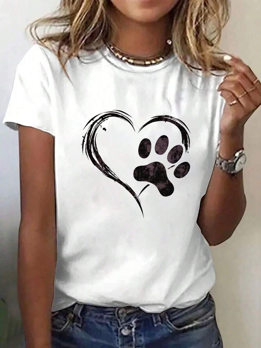Women's Casual Blouse With Round Neck And Short Sleeves Featuring A Dog Paw And Heart Graphic Print - Pure-Cotton - 白色 - 查看 1