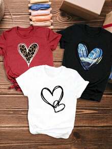 New 2026 Model: Women's Casual Short Sleeve T-Shirt, Heart Print With Leopard Design, Watercolor Heart Print, Sketch Style Heart Print T-Shirt, Women's Short Sleeve Round Neck T-Shirt, Pure Cotton Breathable Casual Sports Top, Gift For Parties, Spring Butterfly, Easter. - 黑色 - 查看 6