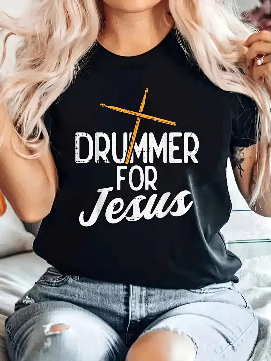Camiseta gráfica 'Baterista para Jesús' para mujer - Camiseta casual negra de cuello redondo con mangas cortas y diseño de palillos, perfecta para primavera y verano, ropa casual de primavera |   Camiseta con estampado juguetón |   Ajuste cómodo, camiseta de baterista - Negro - Ver 1