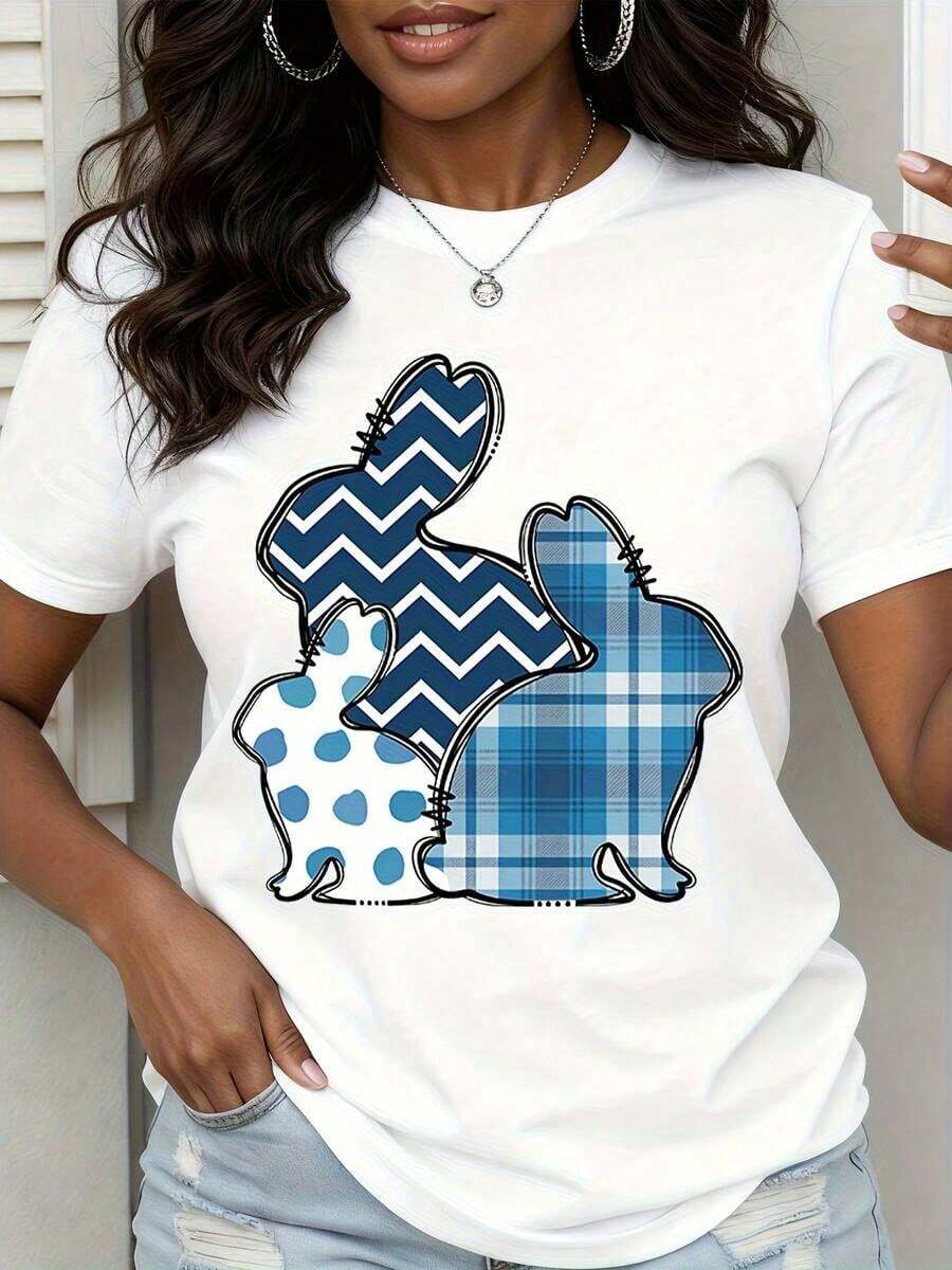 Women's T-Shirt With Rabbit Family Design In Blue Pattern - 白色 - 查看 1
